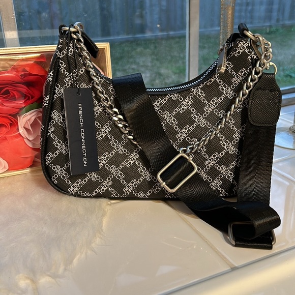 NWT French Connection Halina Monogram Crescent shoulder bag crossbody in black - Picture 3 of 5
